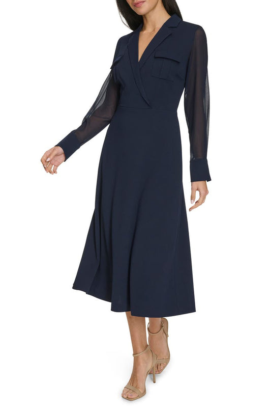 Calvin Klein Long Sleeve Mixed Media A-Line Midi Dress