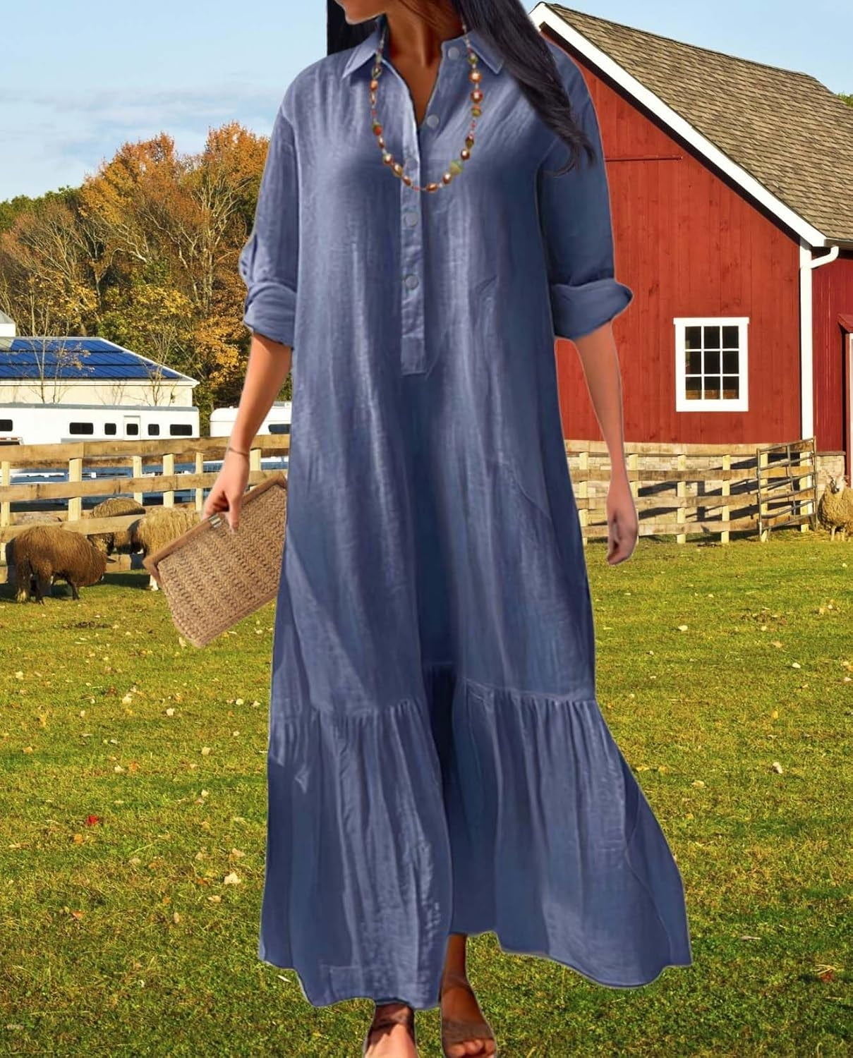 Walmart Womens Cotton Linen Dress Casual Button Down Long Sleeve Flowy Plus Size Lapel Collared Maxi Dresses Shirt Dress