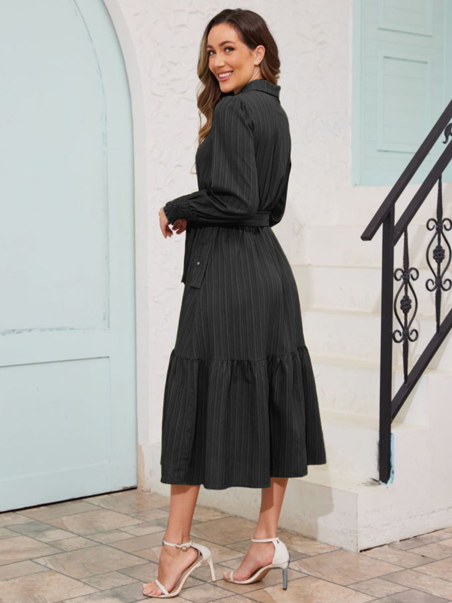 Walmart Frontwalk Fall Dresses For Women 2024 Lapel Neck Button Long Sleeve Dress Belted A-Line Flowy Rufflee Maxi Shirt Dress Casual Long Sundress Black XL