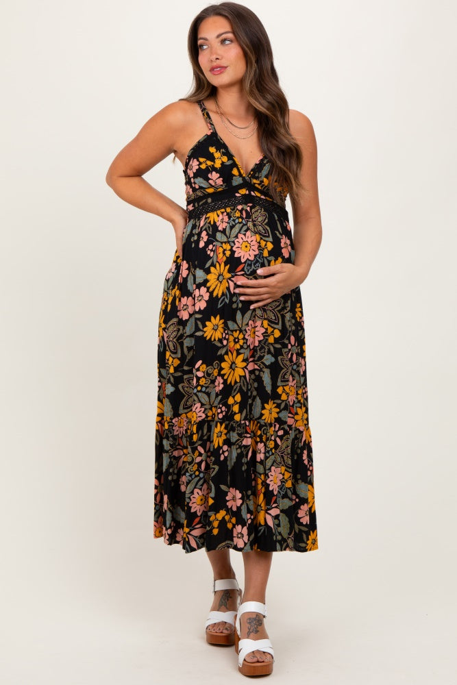 Olive Knit Contrast Top Satin Maternity Midi Dress