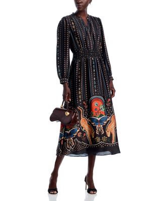 T Tahari Long Sleeve Split V Neck Midi Dress