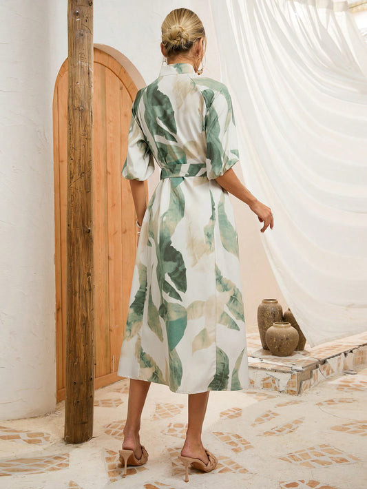 Trending!! SHEIN VCAY Ladies' Printed Lantern Sleeve Dress