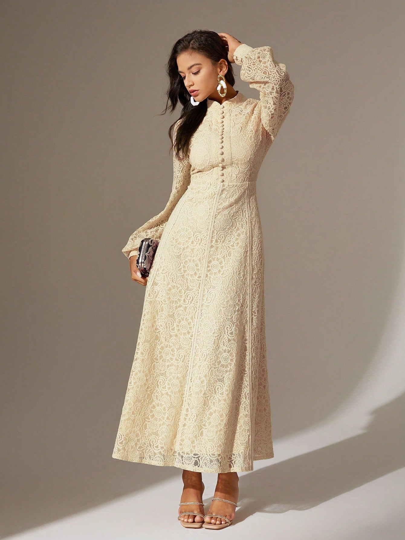 Anewsta Women's Long Sleeve Lace Solid Color Dress thefrumshopper Anewsta Women's Long Sleeve Lace Solid Color Dress thefrumshopper