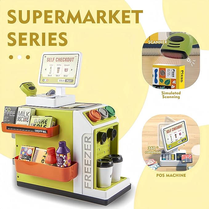 Walmart Adofi 46PCS Upgraded Cash Register Playset for Kids, Cashier Register Toy, Kids Pretend Play Cash Register Toys with Scanner, Shopping Cart, Calculator, Play Food, Toys for Girls 3 6 Years-Green