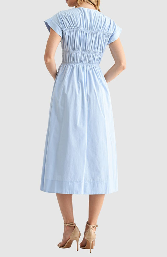 Lush Ruched Tie Front Midi Dress