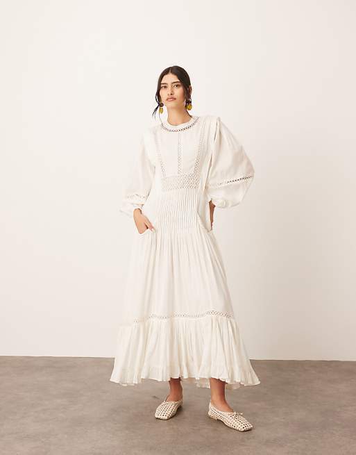 ARRANGE cotton voile maxi dress with lace trim in ivory