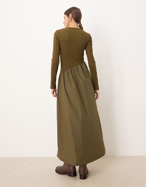 Threadbare long sleeve midi dress with poplin skirt in khaki