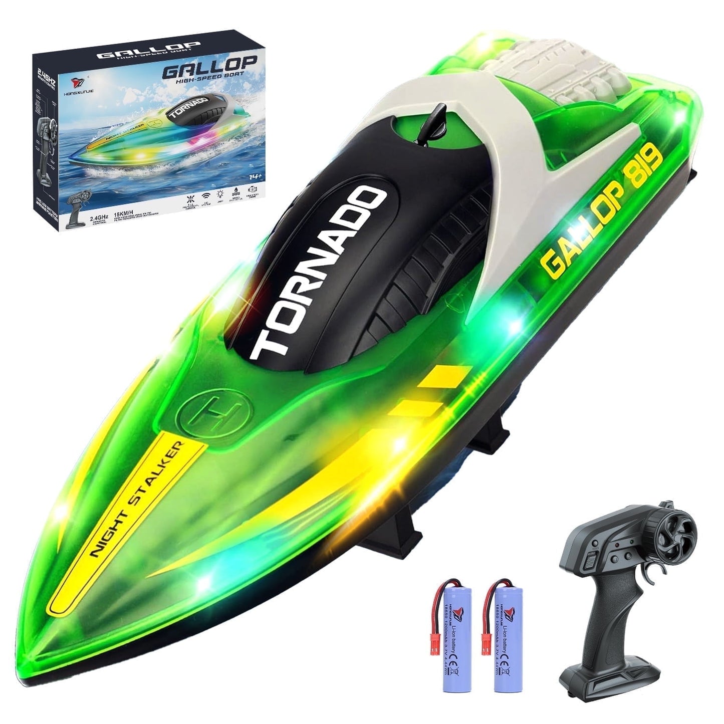 Walmart JoyStone RC Boat for Pools and Lakes, 2.4G 15+ MPH Fast Remote Control Boat with LED Lights, Racing Boats for Kids & Adults with 2 Rechargeable Battery, Gifts for Boys Girls (Green)