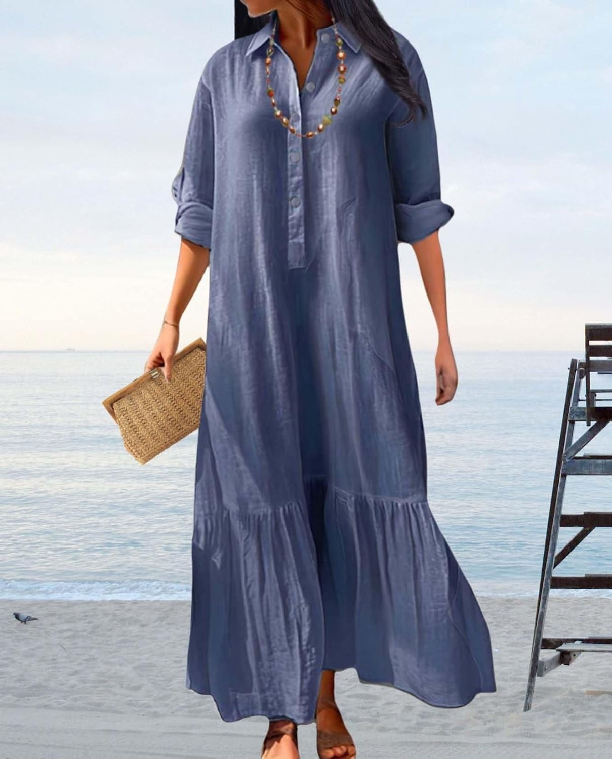 Walmart Womens Cotton Linen Dress Casual Button Down Long Sleeve Flowy Plus Size Lapel Collared Maxi Dresses Shirt Dress