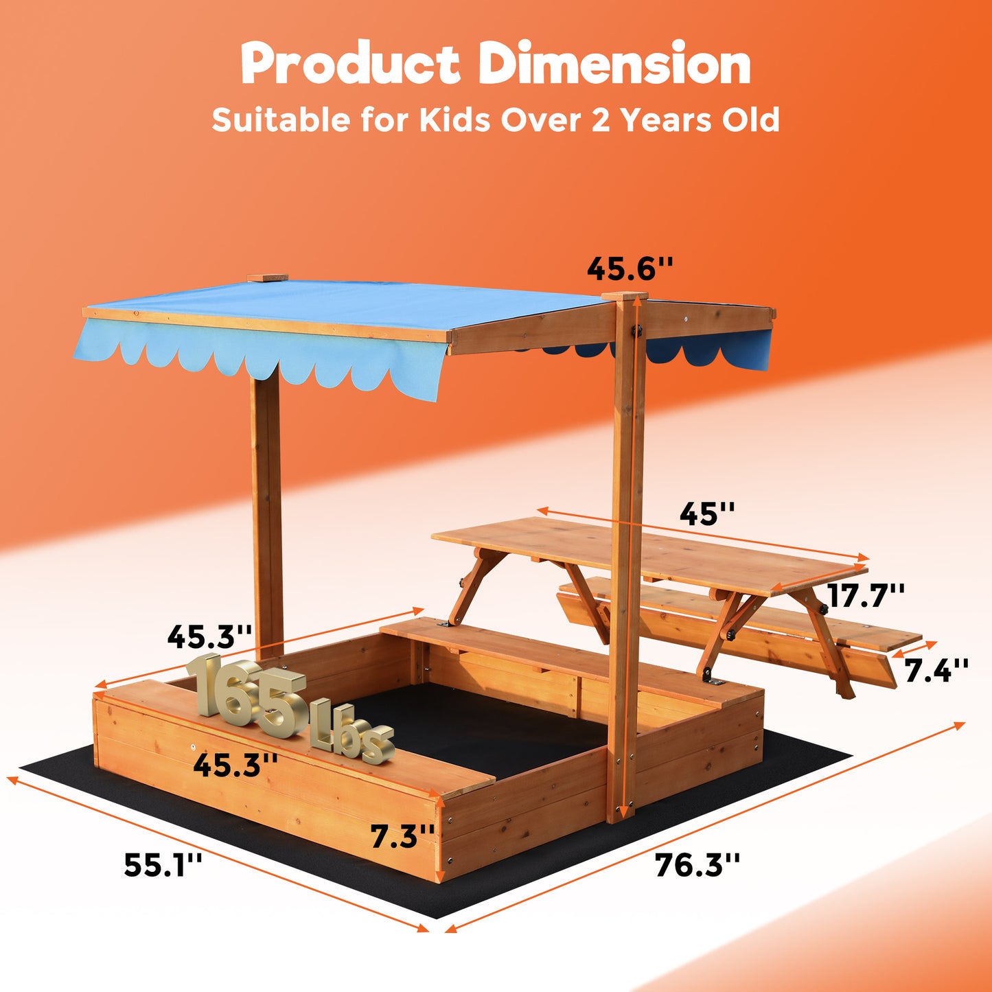 Walmart FUNTOK Wooden Sandbox for Kids, 76'' x 45'' x 45'' Sand Box with Cover & Picnic Table Foldable, Canopy Sandbox Outdoor, Ideal for Children Aged 2-6 for Lawn Garden Backyard Beach