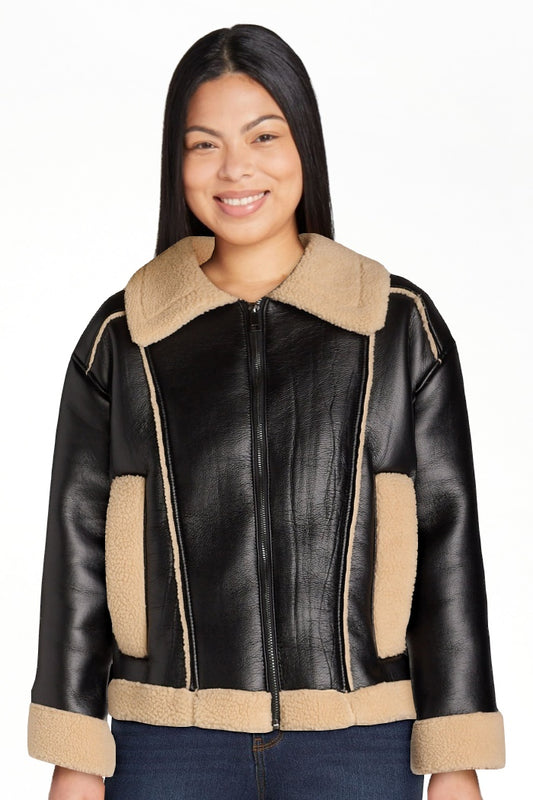 thumbnail image 2 of Time and Tru Women's and Women's Plus Bonded Faux Shearling Bomber Jacket, Sizes XS-3X, 2 of 8