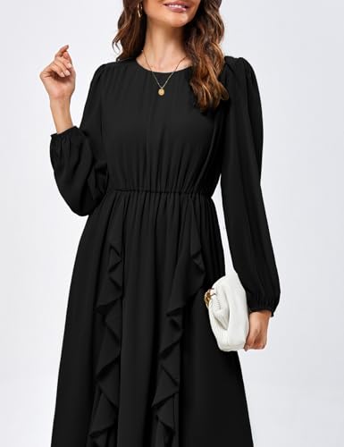 JASAMBAC Womens Long Sleeve Wedding Guest Dresses Flowy Chiffon Ruffled A-Line Midi Dresses 2024 Fall Casual Long Dress