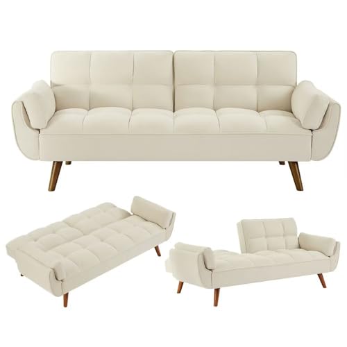 Amazon Convertible Sofa Bed Folding Loveseat Couch, Modern Futon Recliner Sleeper with Adjustable Backrest, Beige