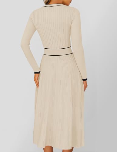 ZESICA Women's Spring Pleated Sweater Dress Long Sleeve Crewneck Ribbed Knitted Midi Dresses