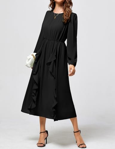JASAMBAC Womens Long Sleeve Wedding Guest Dresses Flowy Chiffon Ruffled A-Line Midi Dresses 2024 Fall Casual Long Dress