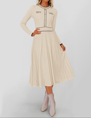 ZESICA Women's Spring Pleated Sweater Dress Long Sleeve Crewneck Ribbed Knitted Midi Dresses