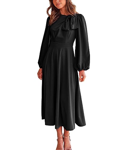 BTFBM Women's 2023 Formal Maxi Dress Puff Long Sleeve Crewneck Bow Tie A-Line Long Flowy Wedding Guest Party Dresses