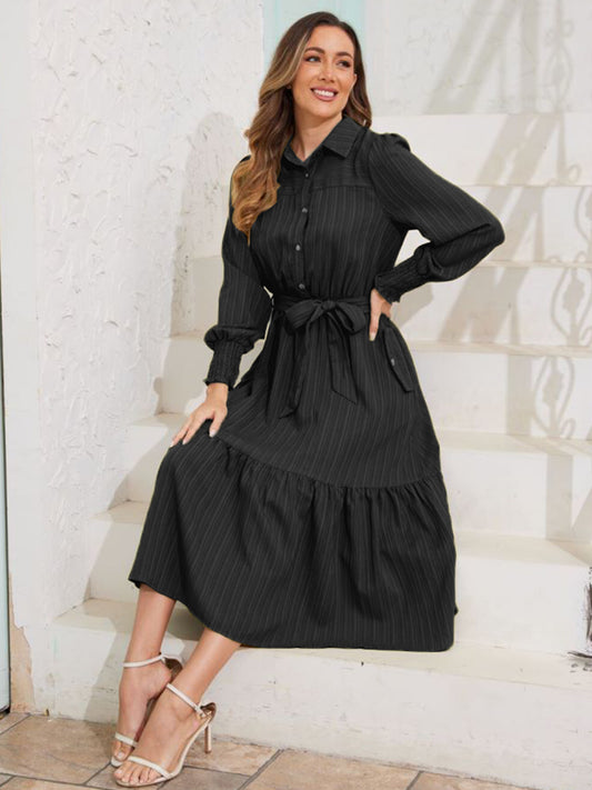 Walmart Frontwalk Fall Dresses For Women 2024 Lapel Neck Button Long Sleeve Dress Belted A-Line Flowy Rufflee Maxi Shirt Dress Casual Long Sundress Black XL
