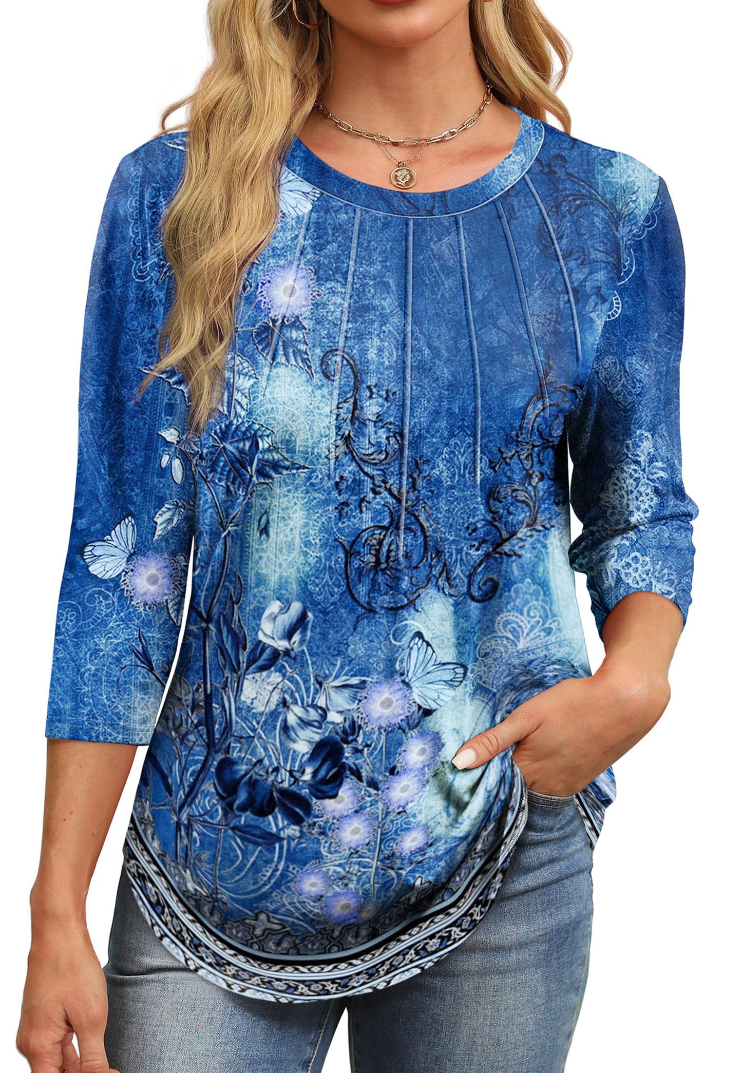 Walmart Fantaslook Womens Plus Size Tops 3/4 Sleeve Pleated Dressy Blouses Crew Neck Casual Tunic Tops Summer Shirts