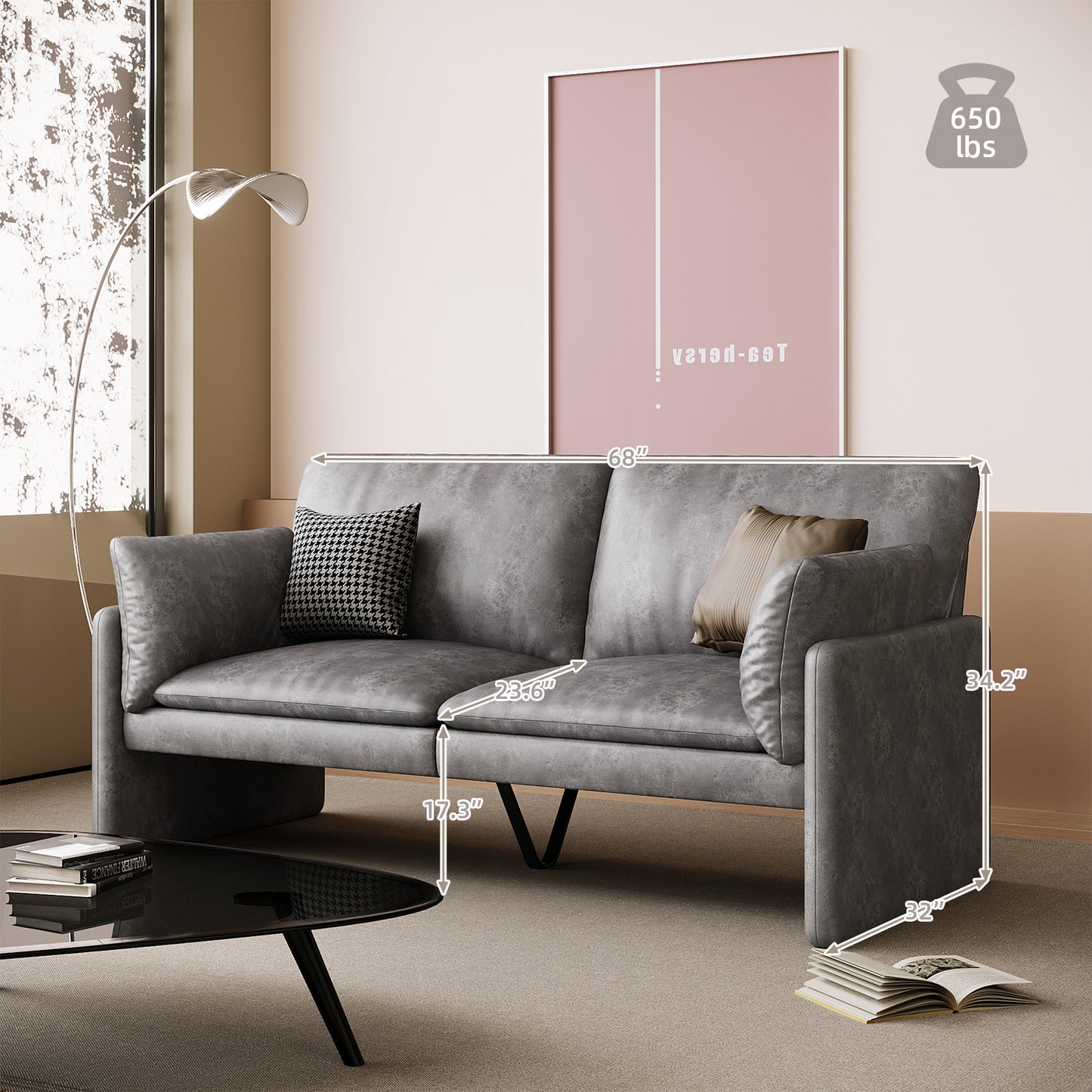 Walmart AECOJOY 68" Loveseat Sofa Couch for living room leather couch with Soft Cushions & Thick Armrests in Grey