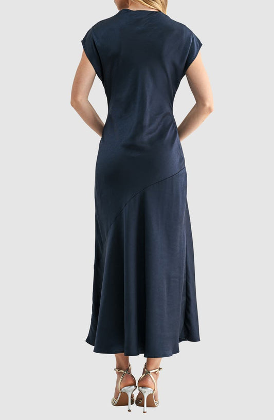 Mila Mae Short Sleeve Asymmetric Hem Satin Maxi Dress