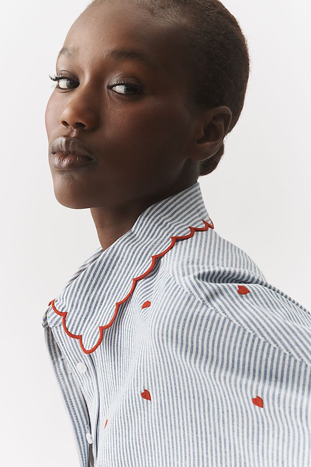 Anthropologie Mabel Boxy Oxford Embroidered Shirt by Maeve