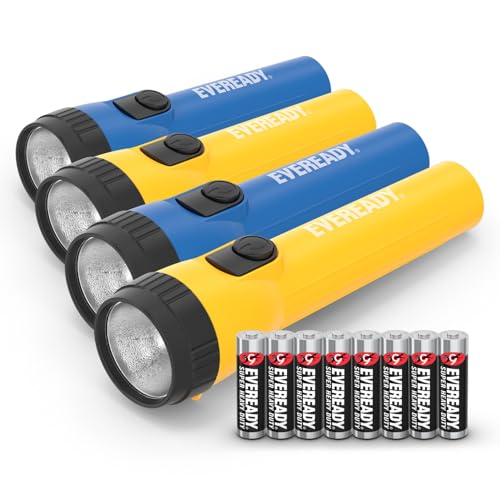 Amazon EVEREADY LED Flashlights (4-Pack), Bright Flashlights for Emergencies and Camping Gear, Flash Light with AA Batteries Included, Blue/Yellow (4-Pack)