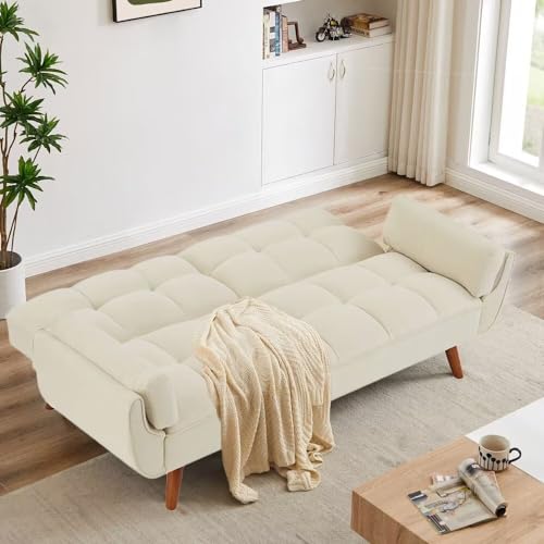 Amazon Convertible Sofa Bed Folding Loveseat Couch, Modern Futon Recliner Sleeper with Adjustable Backrest, Beige