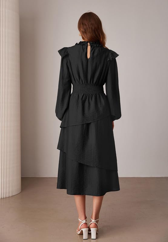 GRACE KARIN Women's Long Sleeve Fall Dresses 2024 Casual Ruffle Mock Neck Midi Wedding Guest Cocktail Flowy Dress
