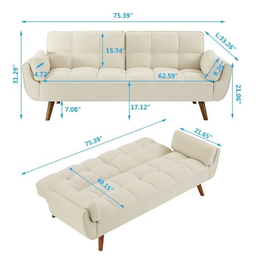 Amazon Convertible Sofa Bed Folding Loveseat Couch, Modern Futon Recliner Sleeper with Adjustable Backrest, Beige