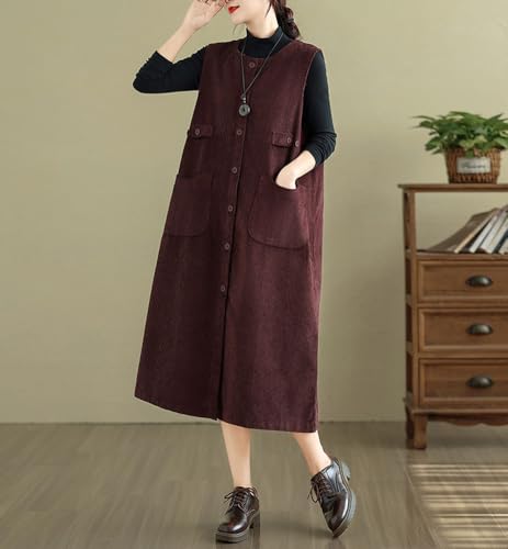 Amazon chouyatou Women's Cute Corduroy Overall Jumper Dress Button Down A Line Tank Midi Long Dress with Pockets