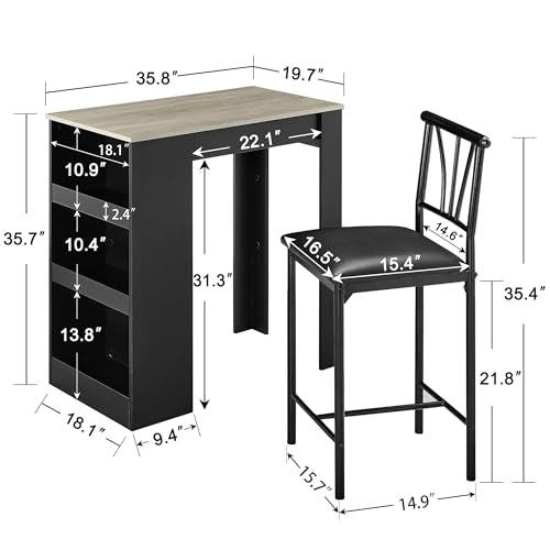 Amazon VECELO Small Bar Table and Chairs Tall Kitchen Breakfast Nook with Stools/Dining Set for 2, Storage Shelves, Space-Saving, Gray