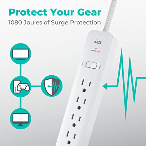 KMC 6-Outlet Surge Protector Power Strip 4 ft cord 2-Pack, 1080J Power Surge Protector, 4-Foot Long Braided Extension Cord with Multiple Outlets, Power Strip Surge Protector, 6 Power Outlet, Flat Plug