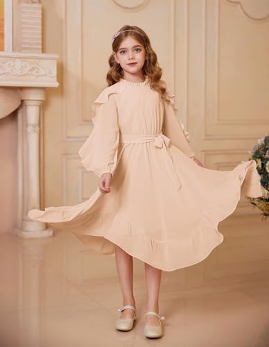 Amazon GRACE KARIN Girls Long Sleeve Dress Fall Spring Ruffle Swing Maxi High Low Formal Party Dress Size 5-12Y