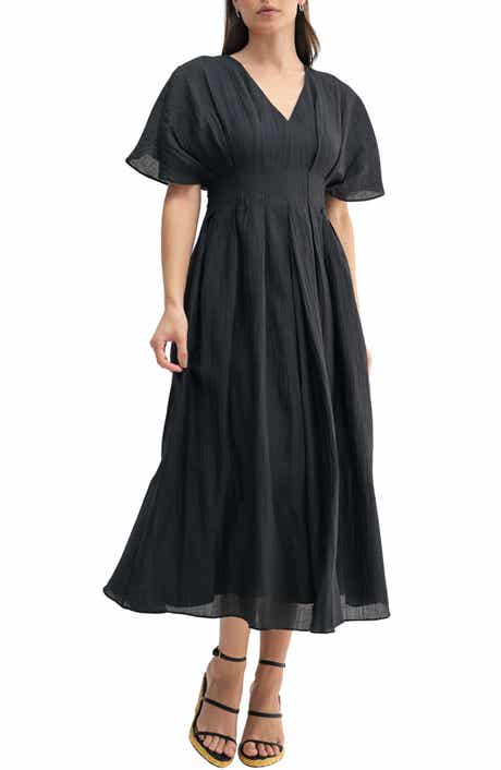 Flutter Sleeve Pleated Midi Dress