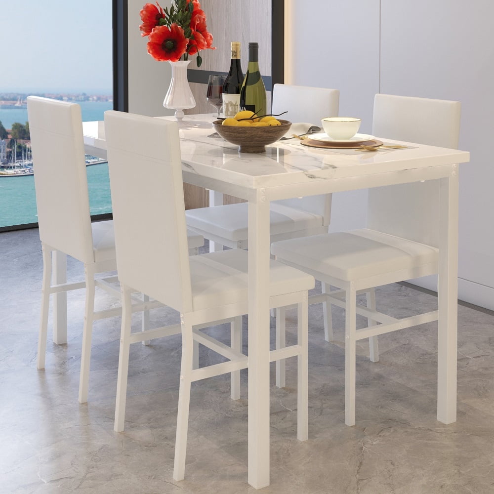 Walmart 5 Piece Dining Room Table Set, Modern Dining Table Sets with Beige PU Leather Chairs for 4, Faux Marble Pattern Rectangle Kitchen Table Set for Bar Living Room Breakfast Nook Small Space
