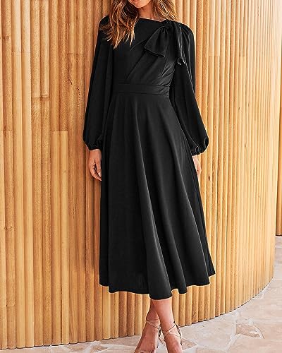 BTFBM Women's 2023 Formal Maxi Dress Puff Long Sleeve Crewneck Bow Tie A-Line Long Flowy Wedding Guest Party Dresses