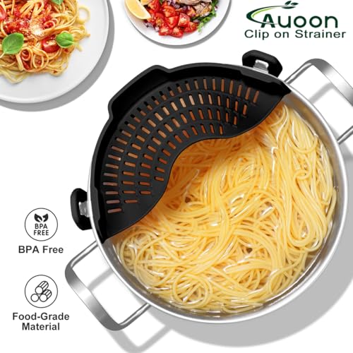 Amazon Large AUOON Clip on Strainer for All Pots and Pans - Oversized Silicone Pot Strainer Family-Style Design Pasta Strainer Kitchen Colander for Spaghetti and Noodles | Dishwasher Safe
