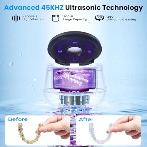 Amazon 45kHz Ultrasonic Retainer Cleaner, 200ML Dental Cleaning Pod for Dentures, Mouth Guards, Braces, Aligner, Toothbrush Jewelry and More, UV Denture Cleaner with 4 Modes & Digital Timer