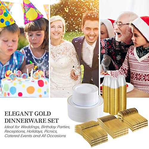 Clip coupon Amazon FOCUSLINE 600 Ct Gold Dinnerware Set for 100 Guests - Gold Rimmed White Disposable Plastic Plates, Includes 100 Dinner & Salad Plates, Cups, Cutlery Set for Wedding Parties