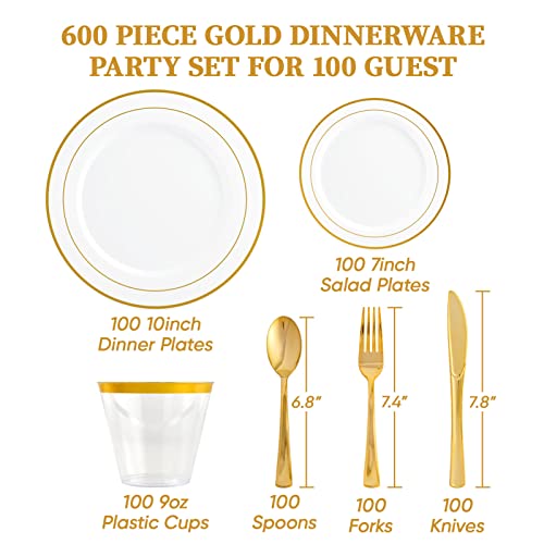 Clip coupon Amazon FOCUSLINE 600 Ct Gold Dinnerware Set for 100 Guests - Gold Rimmed White Disposable Plastic Plates, Includes 100 Dinner & Salad Plates, Cups, Cutlery Set for Wedding Parties