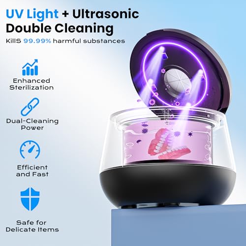 Amazon 45kHz Ultrasonic Retainer Cleaner, 200ML Dental Cleaning Pod for Dentures, Mouth Guards, Braces, Aligner, Toothbrush Jewelry and More, UV Denture Cleaner with 4 Modes & Digital Timer