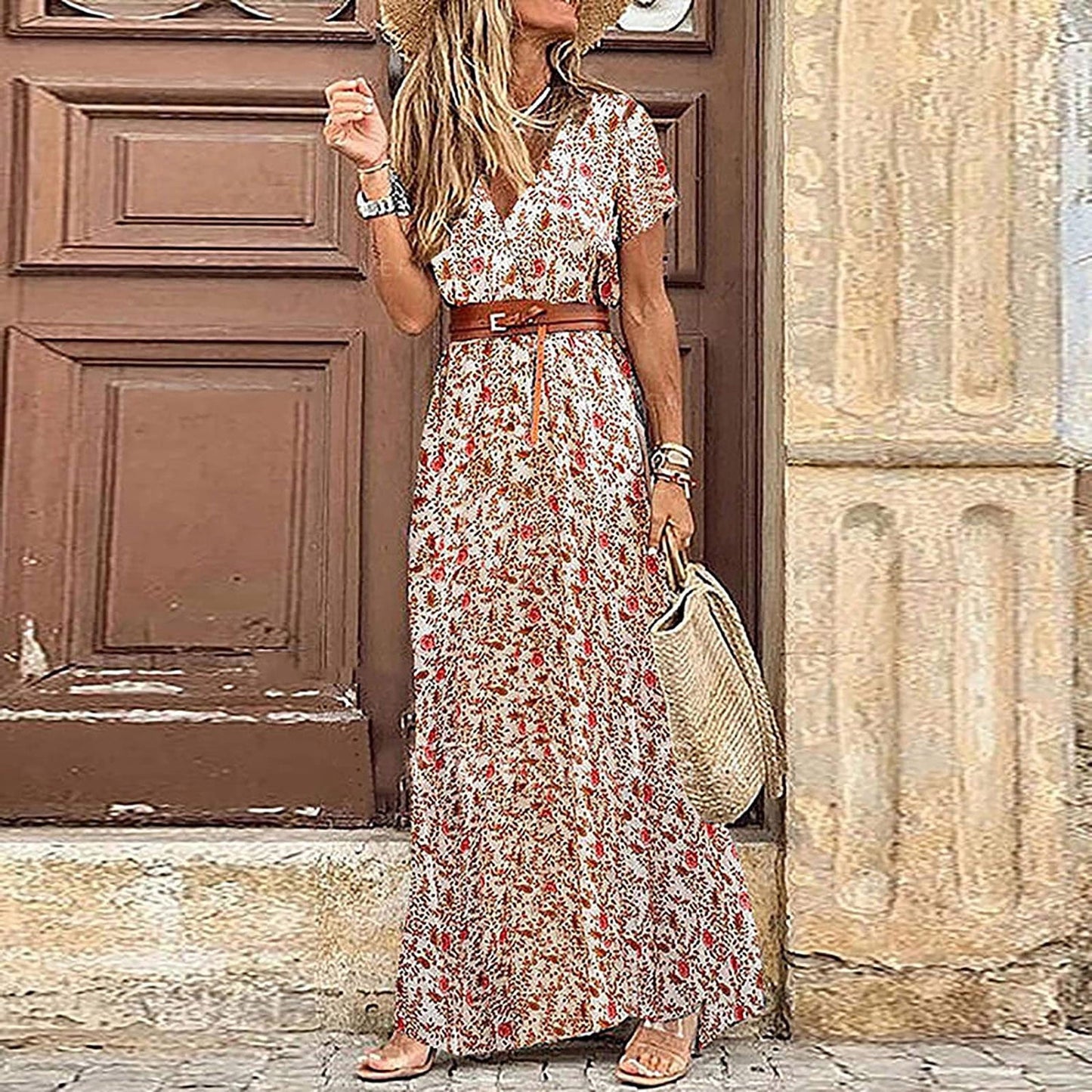 Walmart Rciityk Red Boho Dresses for Women 2024 Summer Casual V Neck Short Sleeve Vintage Print Maxi Dress Vacation Beach Bohemian Dress - Spring/Summer Savings Clearance