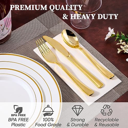 Clip coupon Amazon FOCUSLINE 600 Ct Gold Dinnerware Set for 100 Guests - Gold Rimmed White Disposable Plastic Plates, Includes 100 Dinner & Salad Plates, Cups, Cutlery Set for Wedding Parties