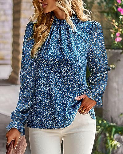 BTFBM Womens Long Sleeve Blouses Casual Boho Tops Frill Trim Mock Neck Floral Print 2024 Summer Fall Shirts Blouse Top