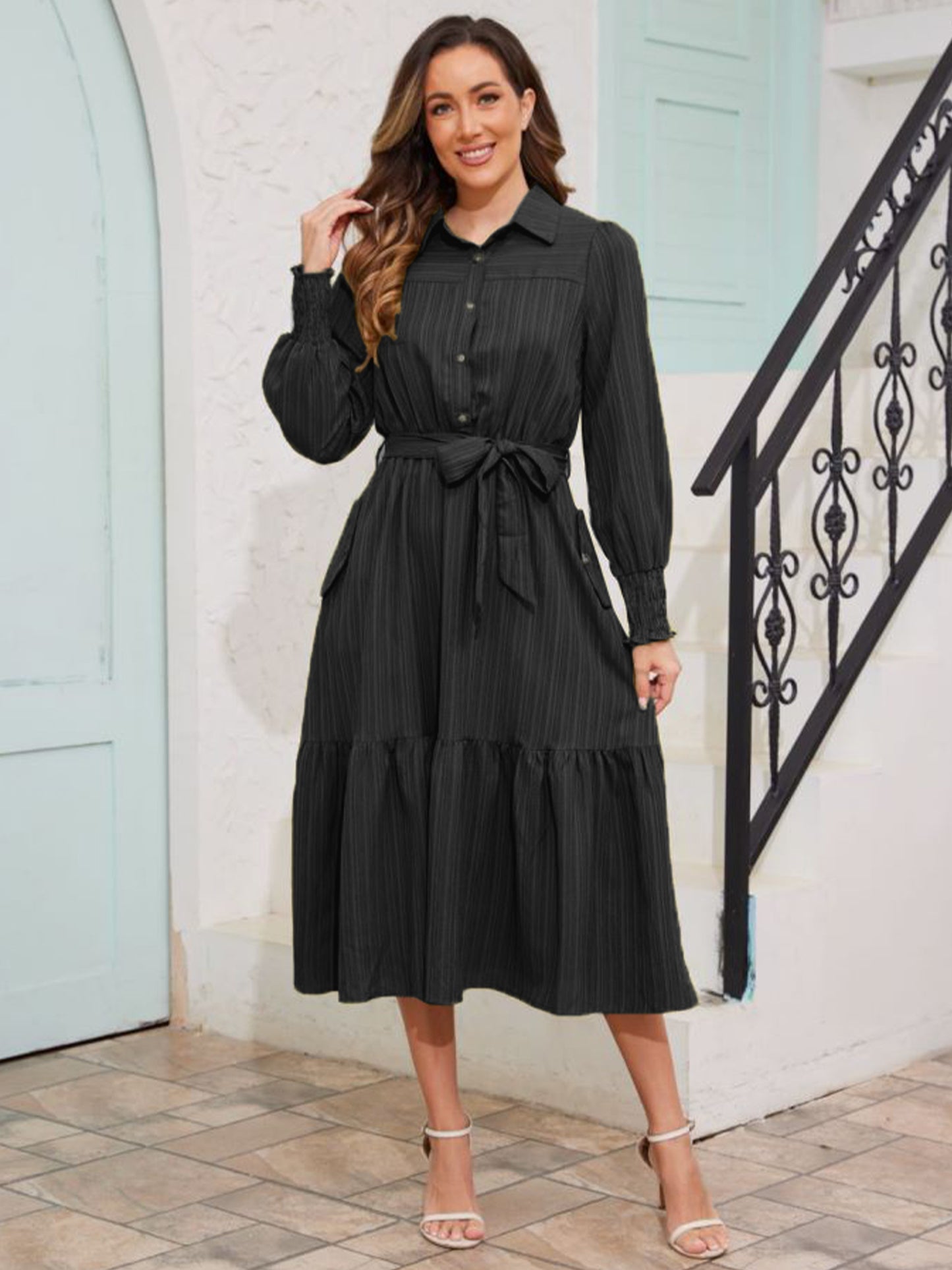 Walmart Frontwalk Fall Dresses For Women 2024 Lapel Neck Button Long Sleeve Dress Belted A-Line Flowy Rufflee Maxi Shirt Dress Casual Long Sundress Black XL