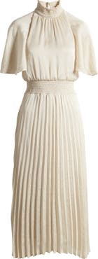 Flutter Sleeve Pleated Midi Dress