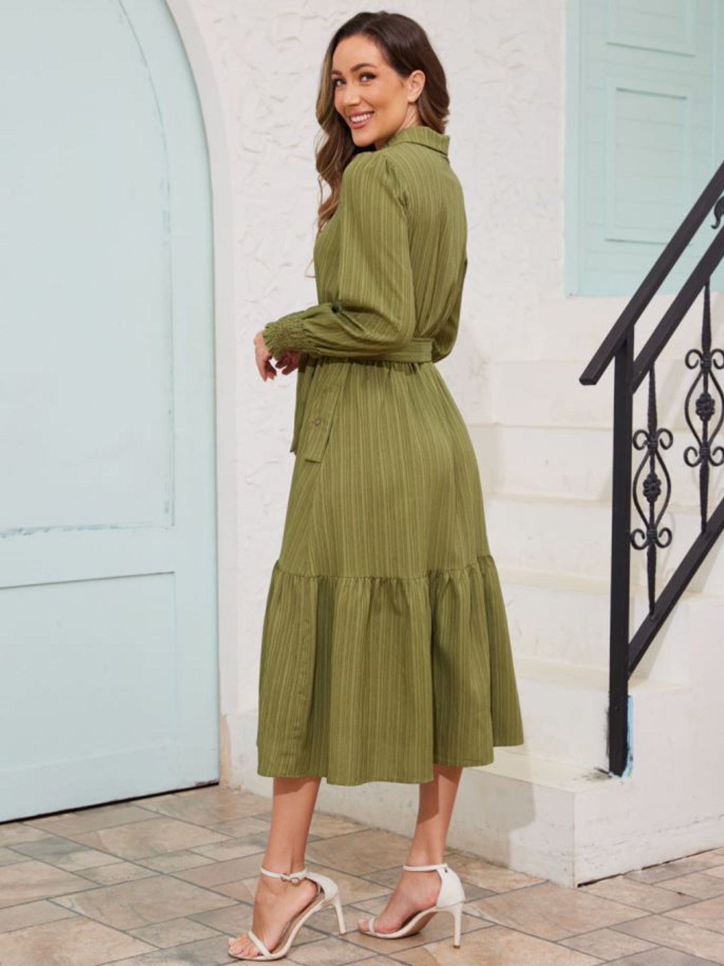 Walmart Frontwalk Fall Dresses For Women 2024 Lapel Neck Button Long Sleeve Dress Belted A-Line Flowy Rufflee Maxi Shirt Dress Casual Long Sundress Army Green XL