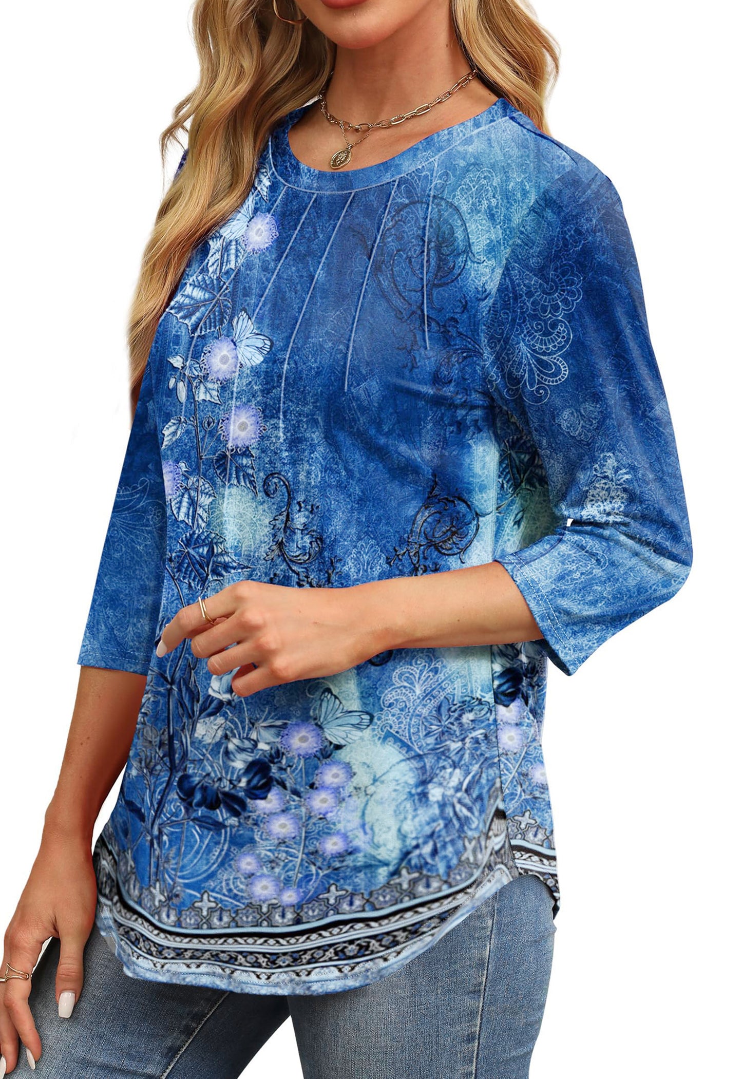Walmart Fantaslook Womens Plus Size Tops 3/4 Sleeve Pleated Dressy Blouses Crew Neck Casual Tunic Tops Summer Shirts