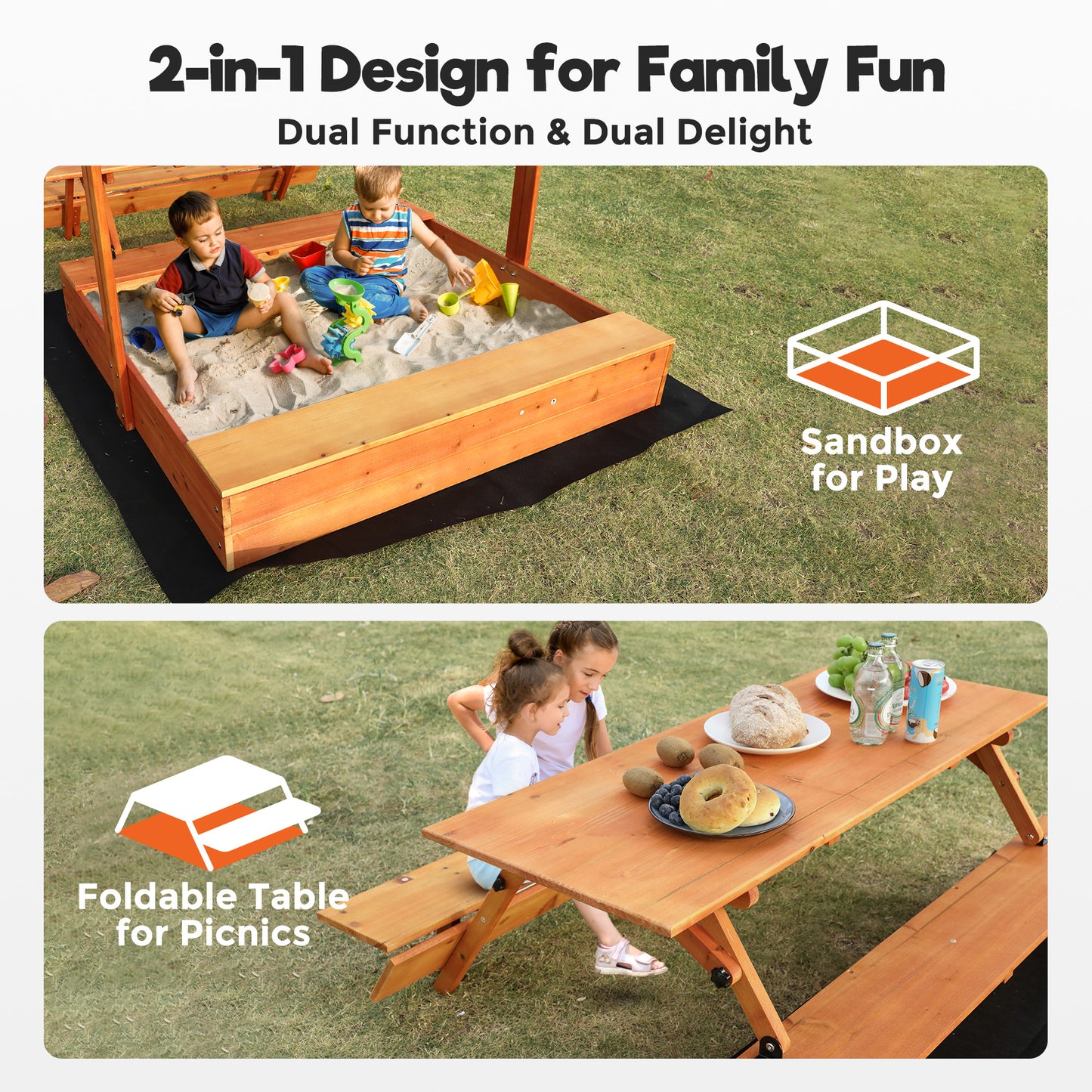 Walmart FUNTOK Wooden Sandbox for Kids, 76'' x 45'' x 45'' Sand Box with Cover & Picnic Table Foldable, Canopy Sandbox Outdoor, Ideal for Children Aged 2-6 for Lawn Garden Backyard Beach